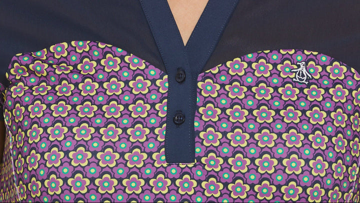 Penguin Womens Sloane Floral Cap Sleeve Polo - Black Iris