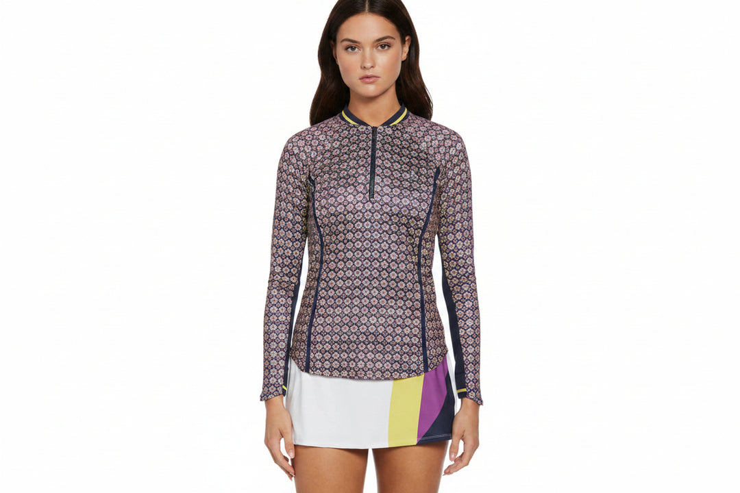 Penguin Womens Sloane Floral Long Sleeve Polo - Black Iris