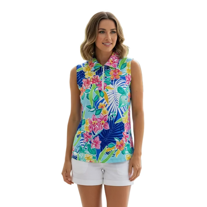 G-Lifestyle Womens Mandi Magnolia Sleeveless Zip Polo - Tropic Paradise