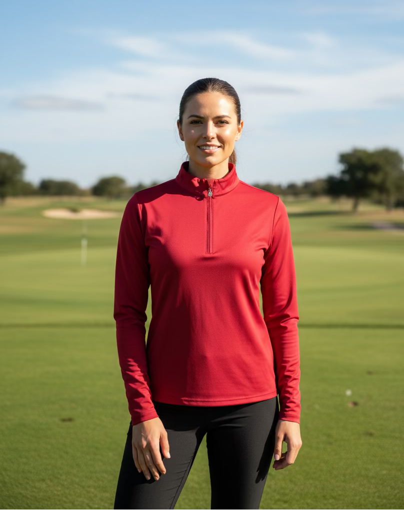 SanSoleil Womens Long Sleeve Zip Polo - Scarlet