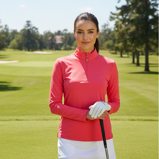 SanSoleil Womens Long Sleeve Zip Polo - Paradise Pink/Red