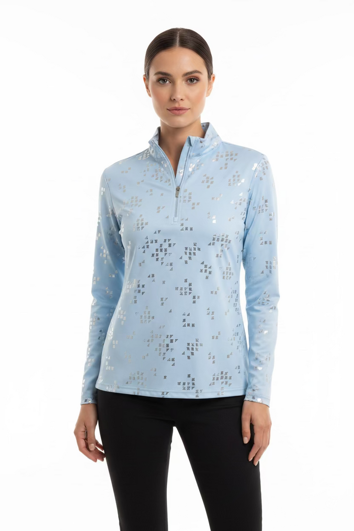 SanSoleil Womens Long Sleeve Zip Polo - Foil Ice Blue