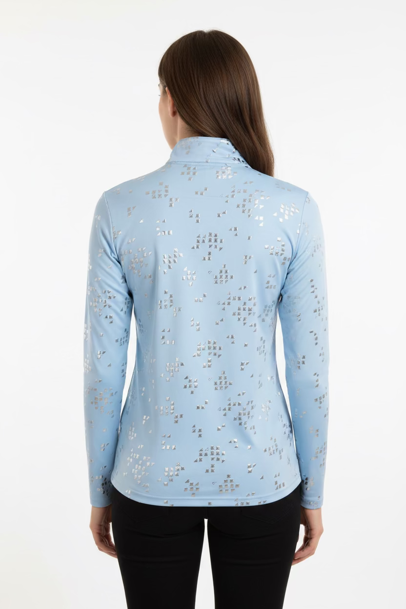 SanSoleil Womens Long Sleeve Zip Polo - Foil Ice Blue