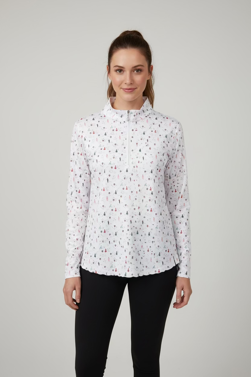 SanSoleil Womens Long Sleeve Zip Polo - Christmas Carol