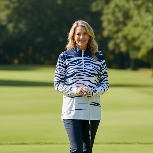 SanSoleil Womens Long Sleeve Zip Polo - Happy Zebra/Wild Navy