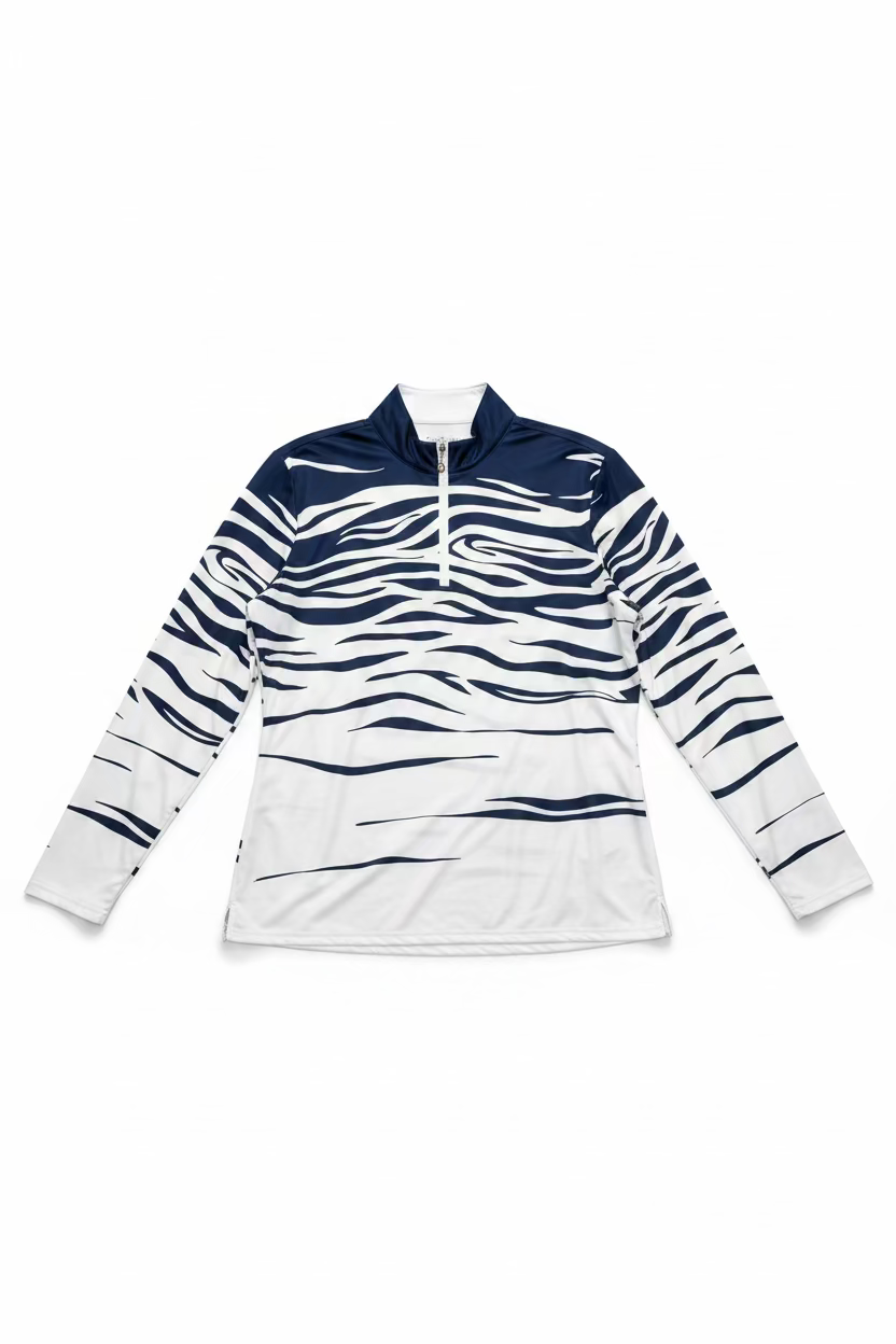 SanSoleil Womens Long Sleeve Zip Polo - Happy Zebra/Wild Navy