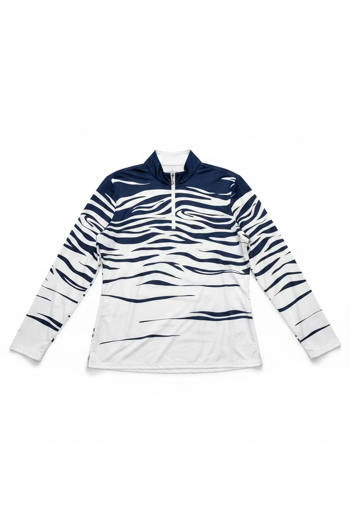 SanSoleil Womens Long Sleeve Zip Polo - Happy Zebra/Wild Navy