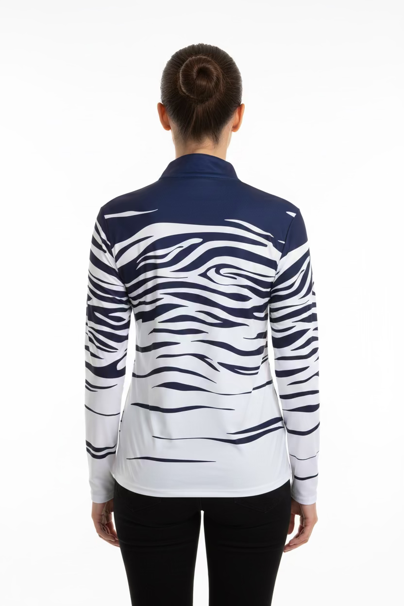 SanSoleil Womens Long Sleeve Zip Polo - Happy Zebra/Wild Navy