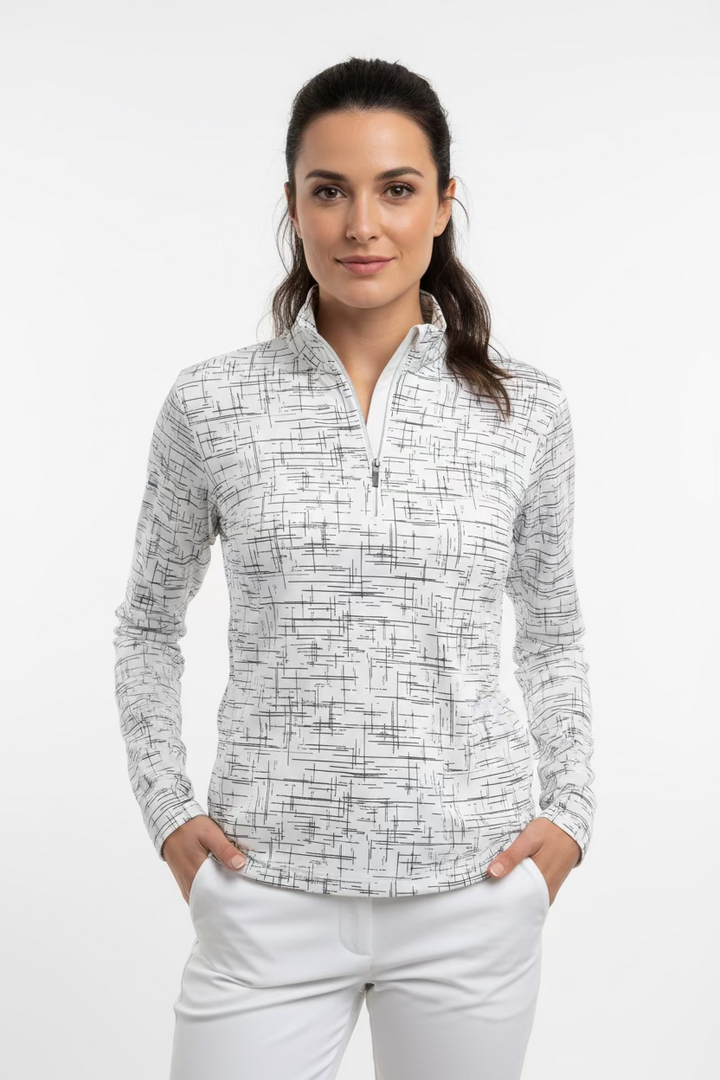 SanSoleil Womens Long Sleeve Zip Polo - Foil Grid