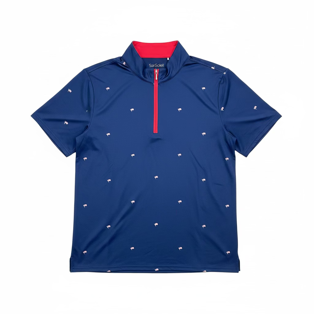 SanSoleil Womens Short Sleeve Zip Polo - Patriotic Flag