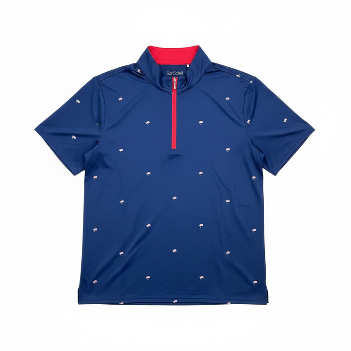 SanSoleil Womens Short Sleeve Zip Polo - Patriotic Flag