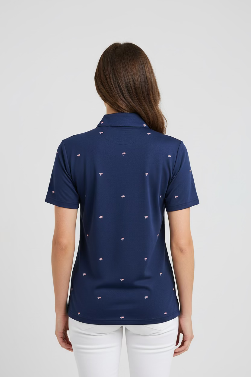 SanSoleil Womens Short Sleeve Zip Polo - Patriotic Flag