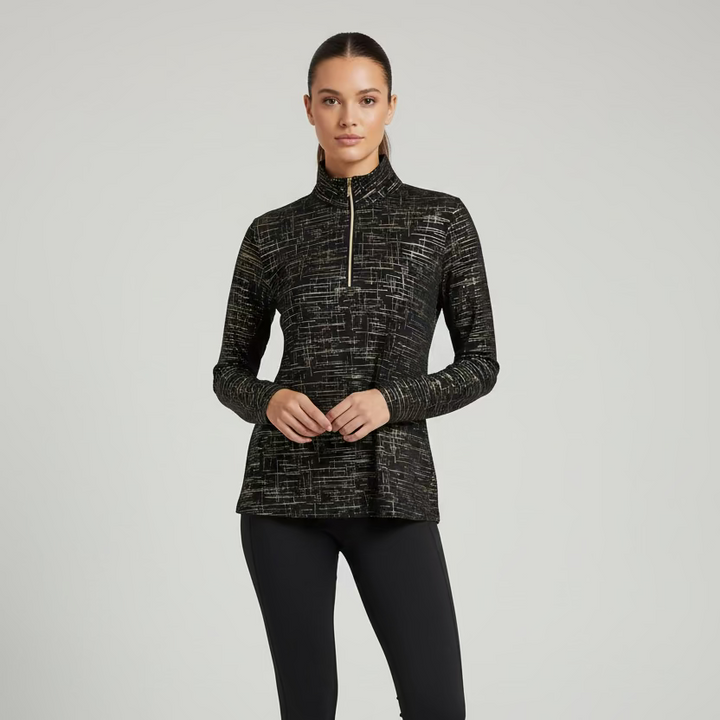 SanSoleil SolShine Foil Print Long Sleeve Polo - Black/Gold