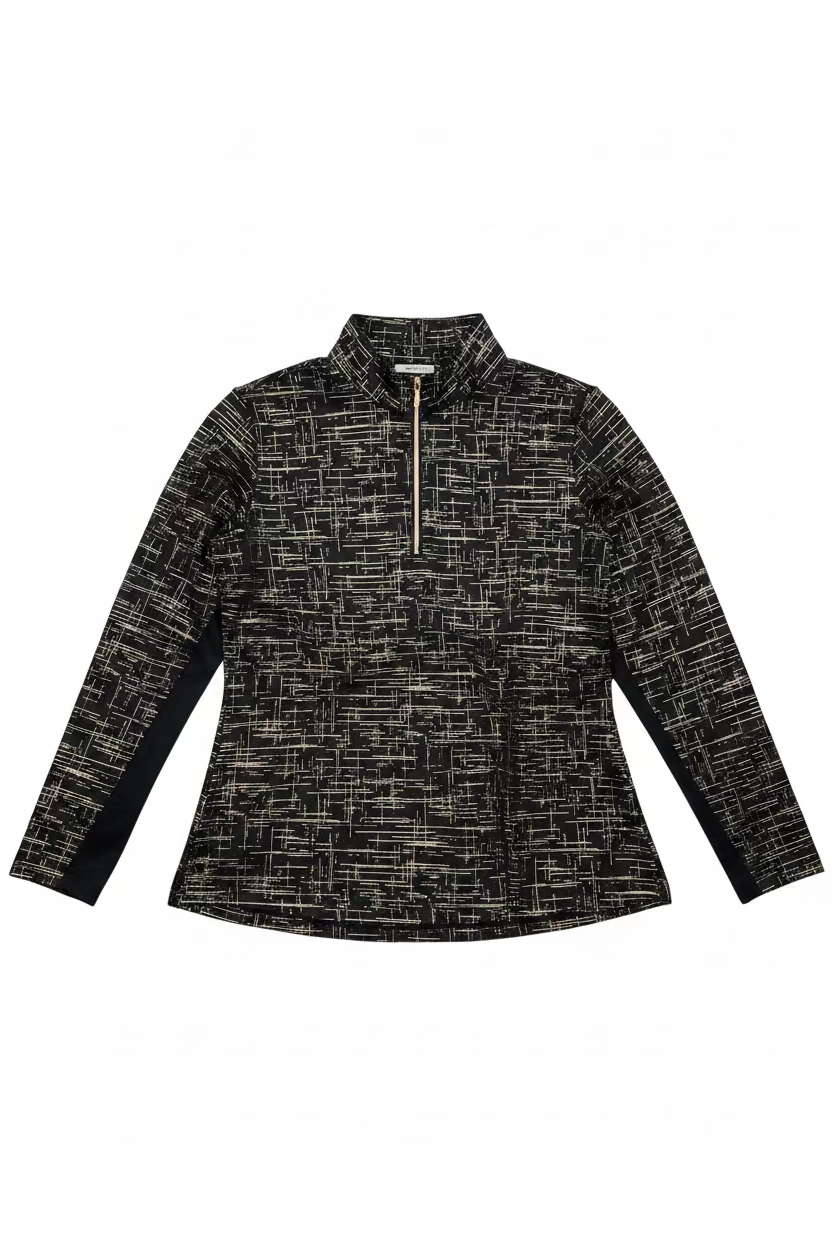 SanSoleil SolShine Foil Print Long Sleeve Polo - Black/Gold