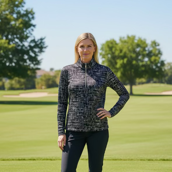 SanSoleil SolShine Foil Print Long Sleeve Polo - Black/Silver