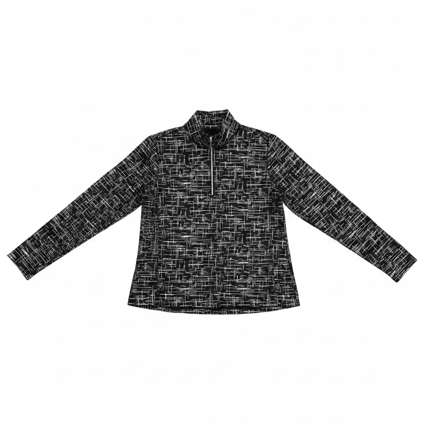 SanSoleil SolShine Foil Print Long Sleeve Polo - Black/Silver