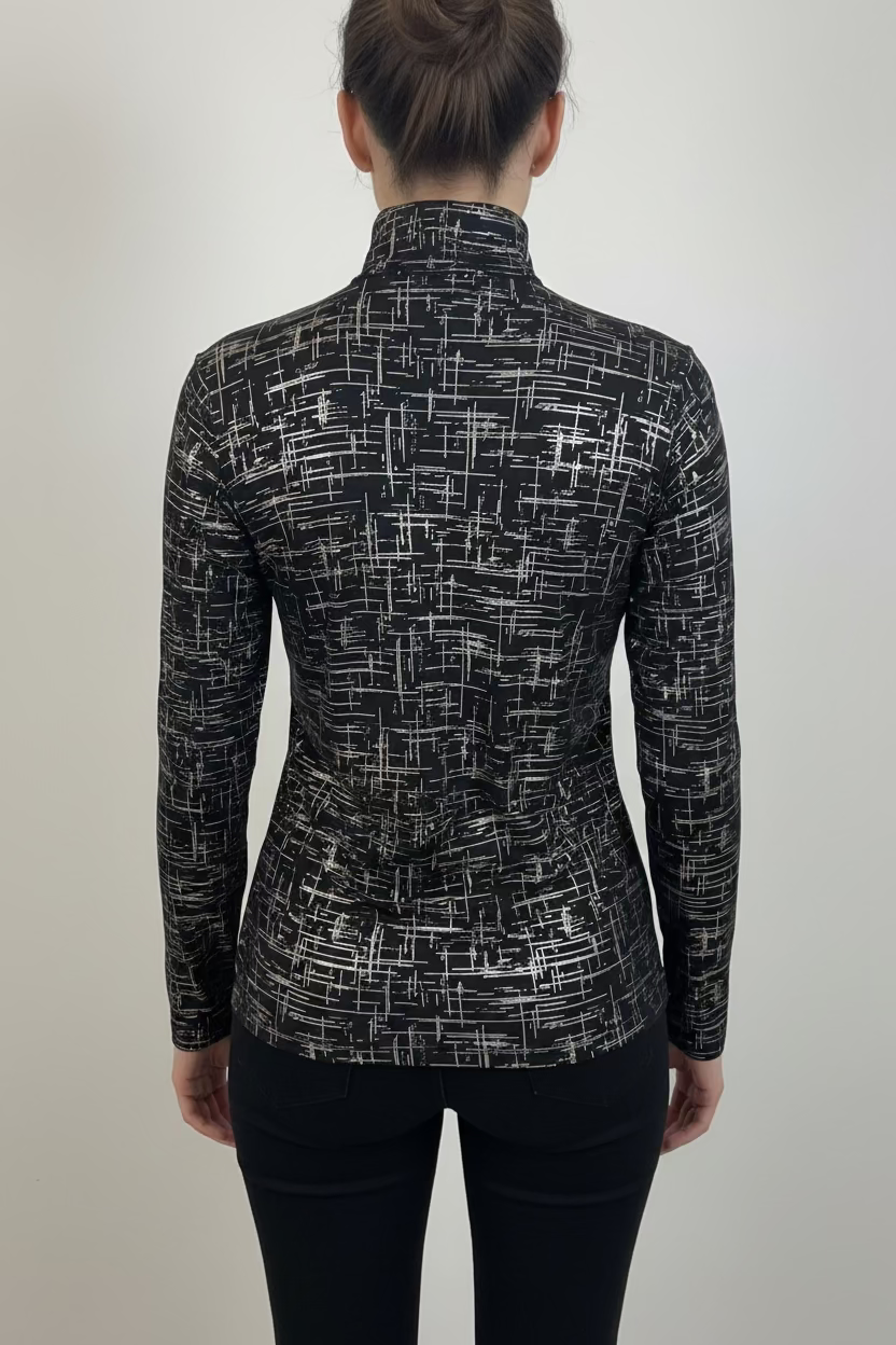 SanSoleil SolShine Foil Print Long Sleeve Polo - Black/Silver