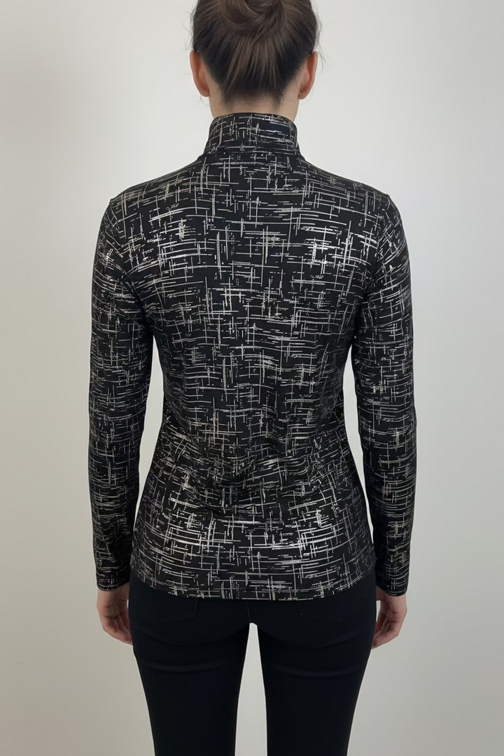 SanSoleil SolShine Foil Print Long Sleeve Polo - Black/Silver
