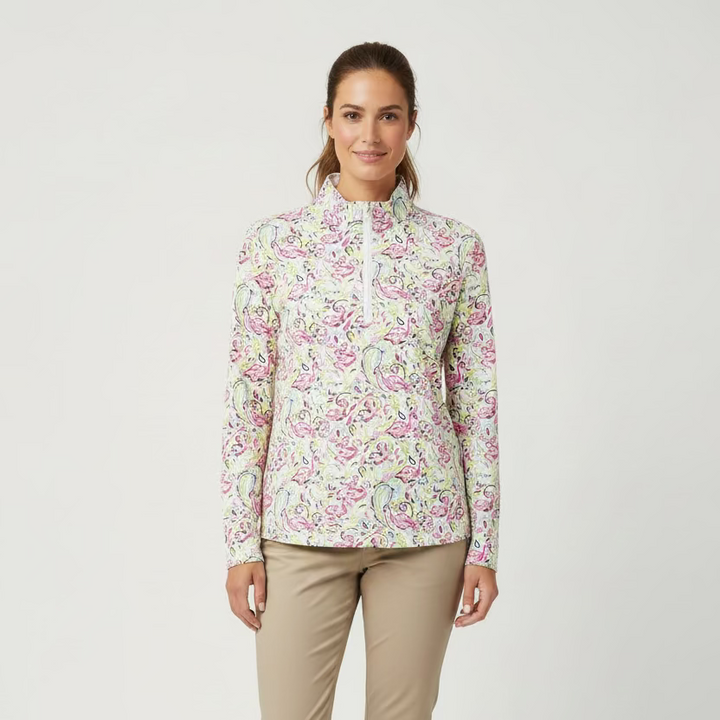 SanSoleil Womens Long Sleeve Zip Polo - Paisley Flamingo