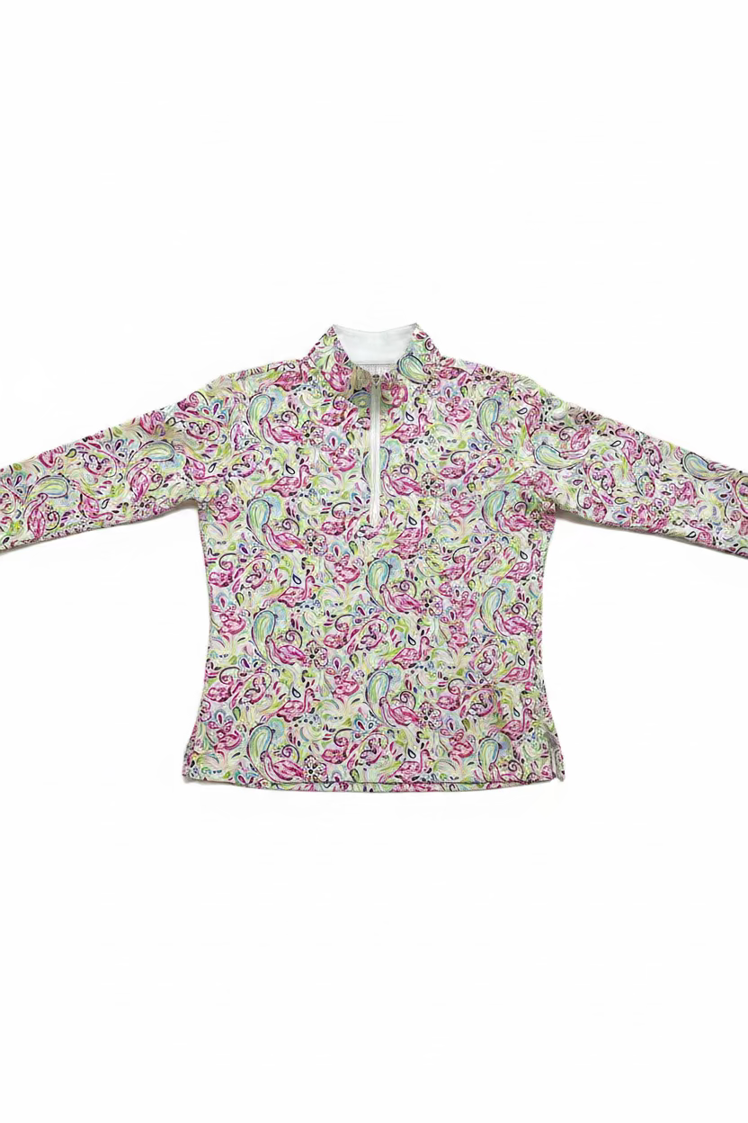 SanSoleil Womens Long Sleeve Zip Polo - Paisley Flamingo