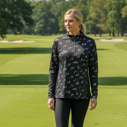 SanSoleil Womens Long Sleeve Zip Polo - Foil 5 O' Clock Somewhere