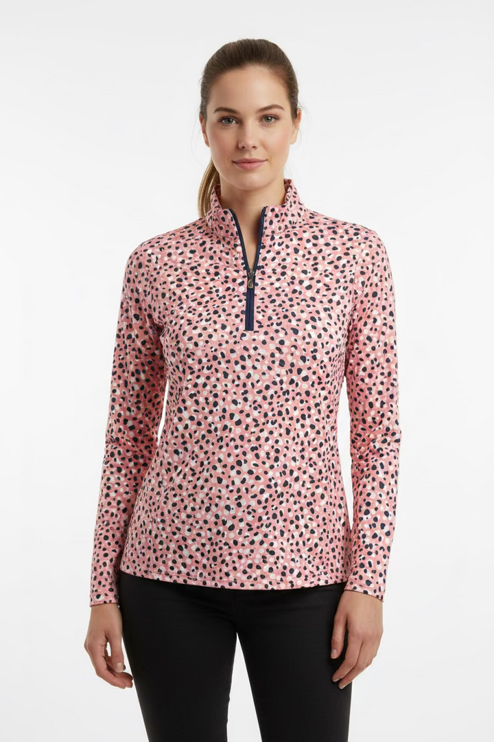 SanSoleil Womens Long Sleeve Zip Polo - Leopard Party