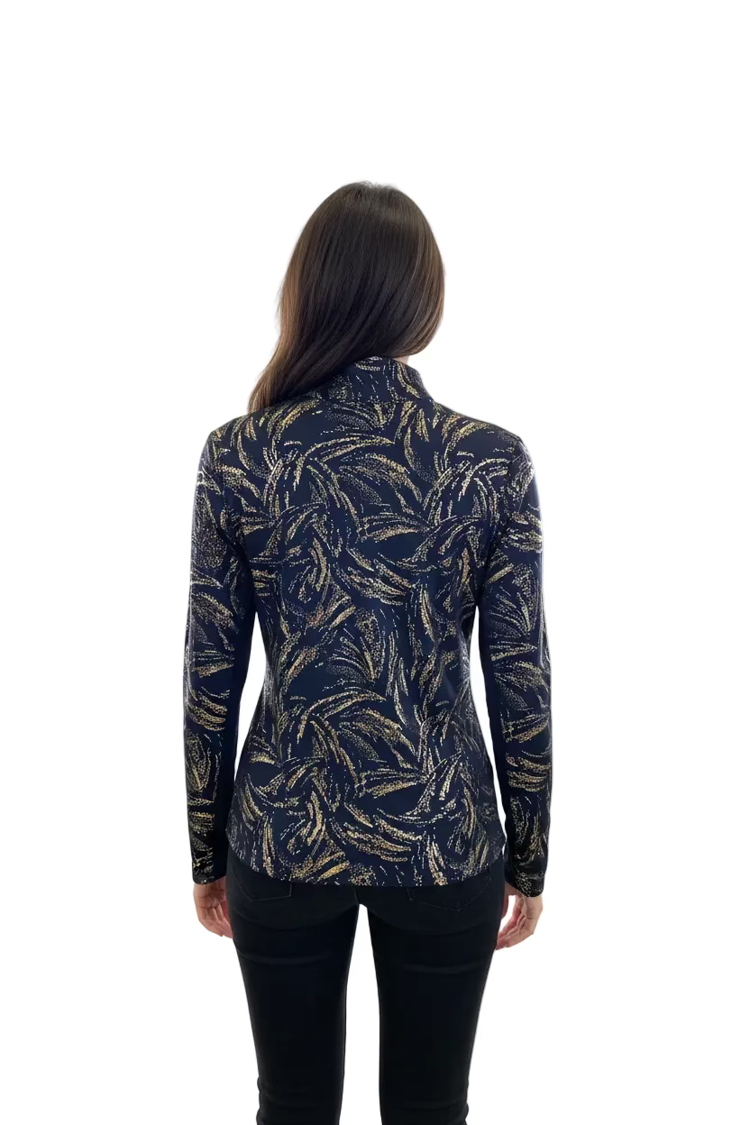 SanSoleil Solshine Foil Print Long Sleeve Polo - Celebrate Ink/Gold