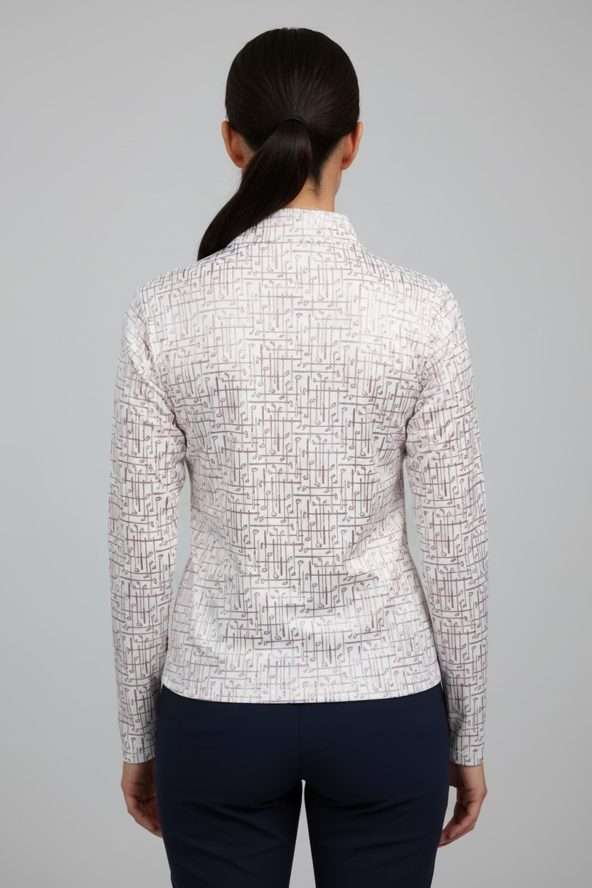 SanSoleil Solshine Foil Print Long Sleeve Polo - Stix White/Rose