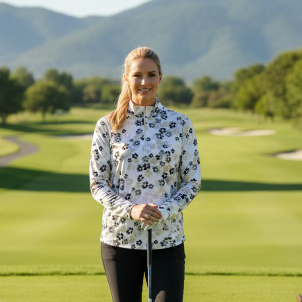 SanSoleil SolShine Foil Print Long Sleeve Polo - Metallic Gardenia