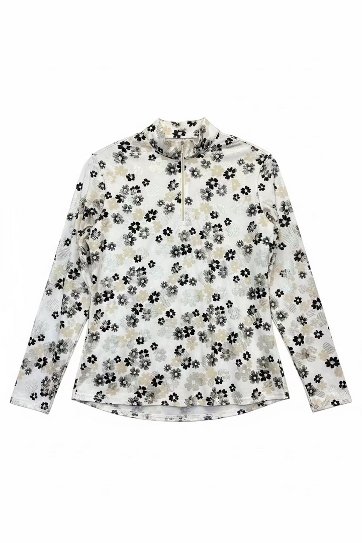 SanSoleil SolShine Foil Print Long Sleeve Polo - Metallic Gardenia