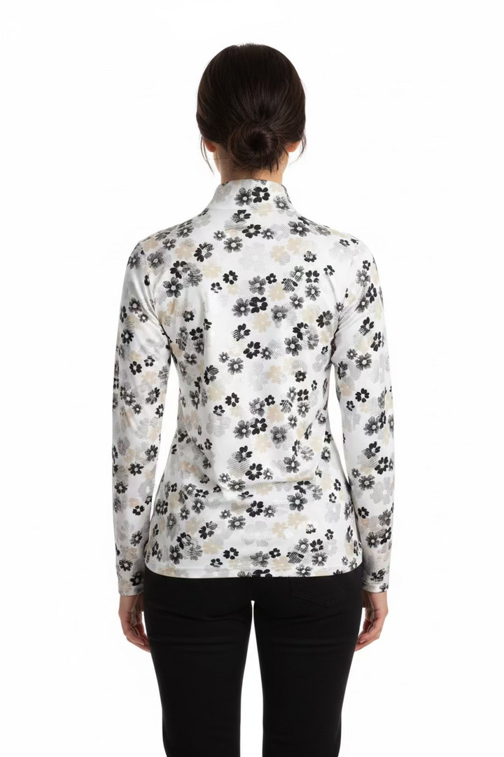 SanSoleil SolShine Foil Print Long Sleeve Polo - Metallic Gardenia