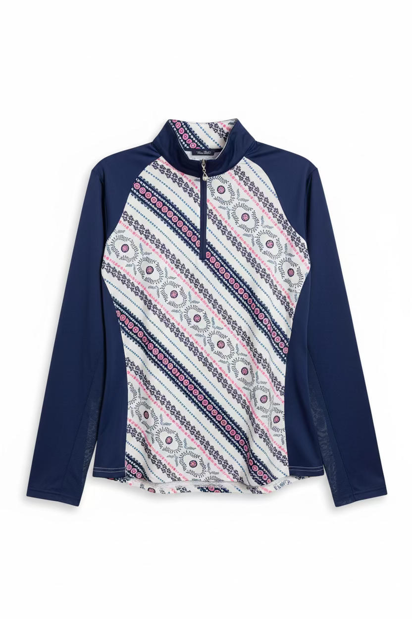SanSoleil Womens Long Sleeve Zip Polo - Daisy Navy