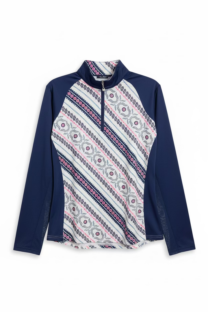 SanSoleil Womens Long Sleeve Zip Polo - Daisy Navy