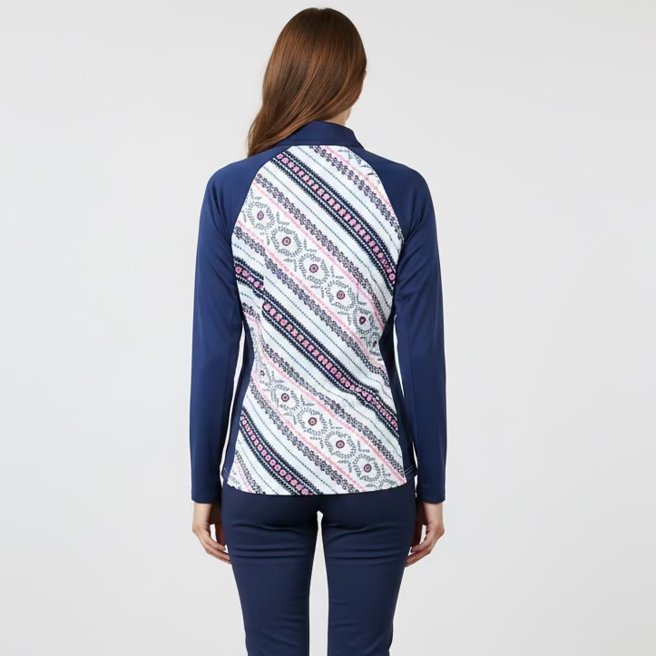 SanSoleil Womens Long Sleeve Zip Polo - Daisy Navy