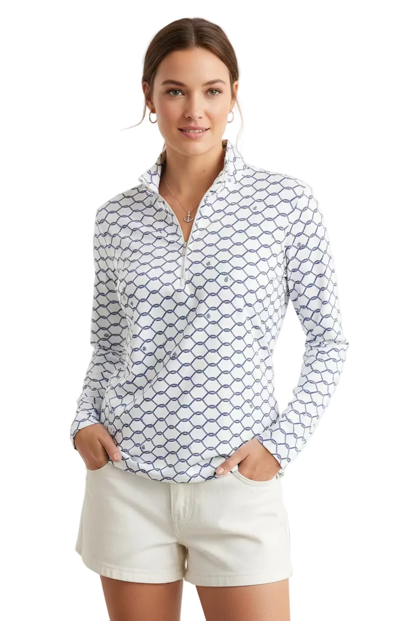 SanSoleil SolShine Foil Print Long Sleeve Polo - Nautica White/Dark Blue