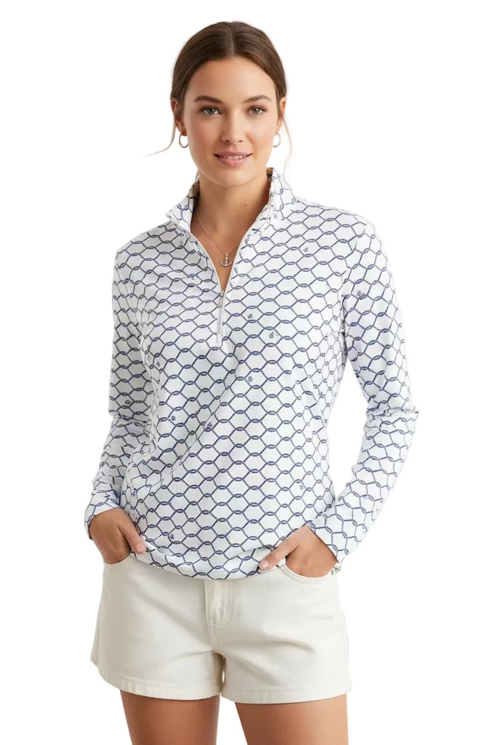 SanSoleil SolShine Foil Print Long Sleeve Polo - Nautica White/Dark Blue