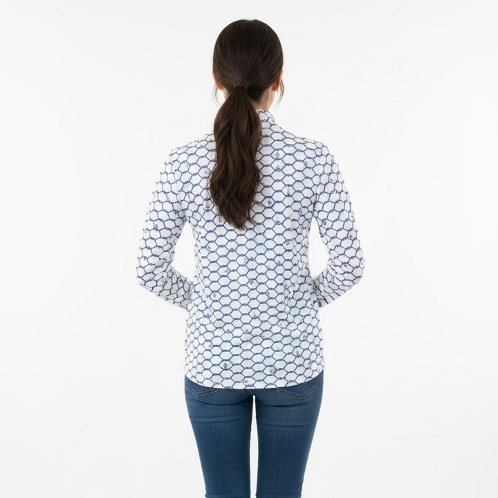 SanSoleil SolShine Foil Print Long Sleeve Polo - Nautica White/Dark Blue