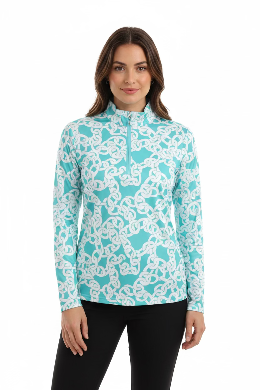 SanSoleil SolShine Foil Print Long Sleeve Polo - Aqua Chain