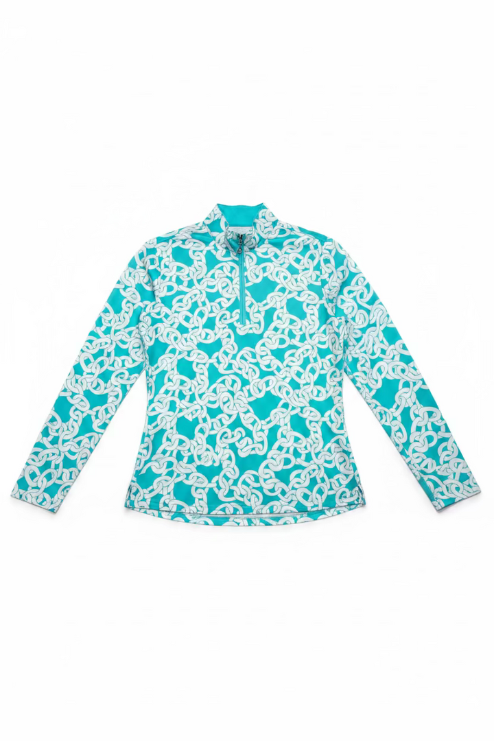 SanSoleil SolShine Foil Print Long Sleeve Polo - Aqua Chain