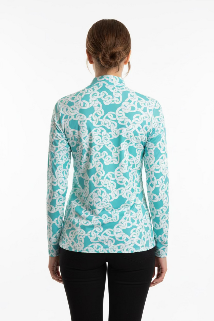 SanSoleil SolShine Foil Print Long Sleeve Polo - Aqua Chain