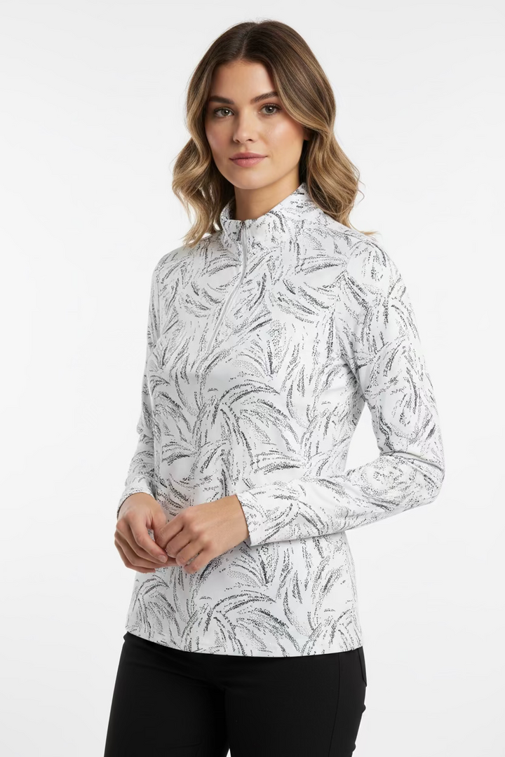 SanSoleil SolShine Foil Print Long Sleeve Polo - Metallic Pattern