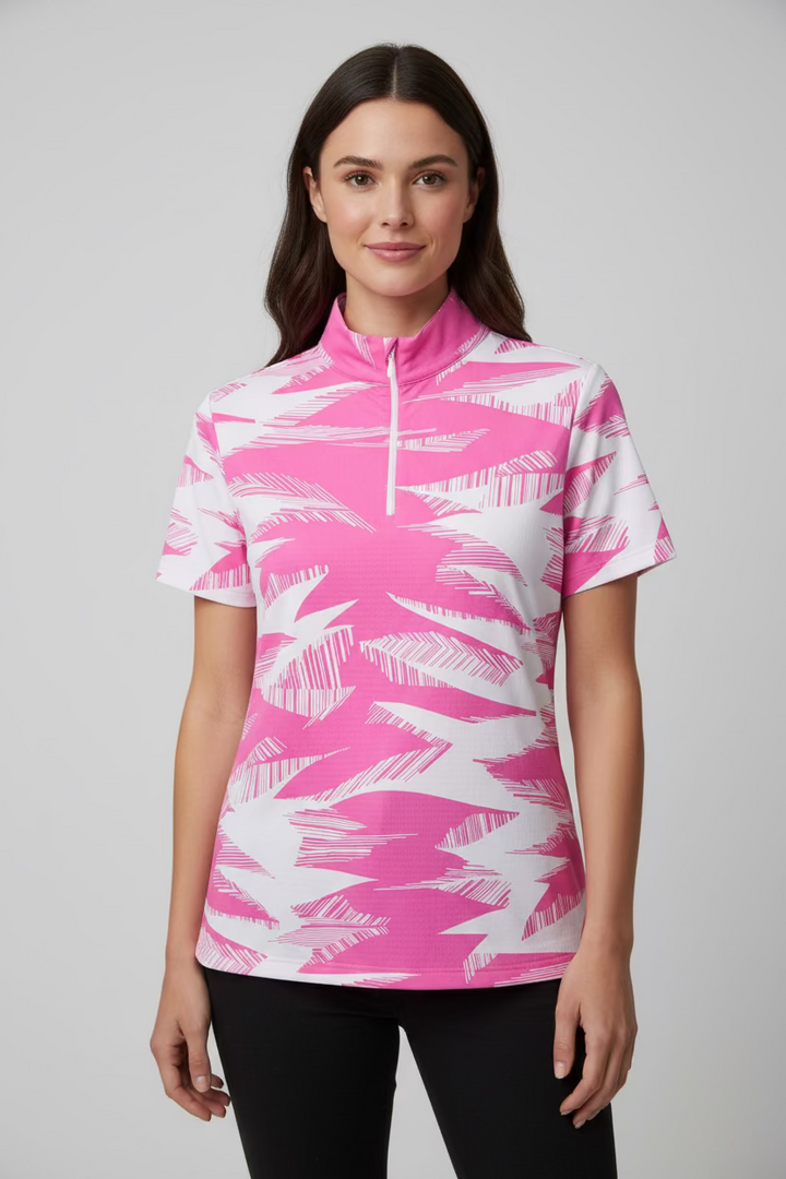 IBKUL Womens Stormi Short Sleeve Mock - Pink Palm/White