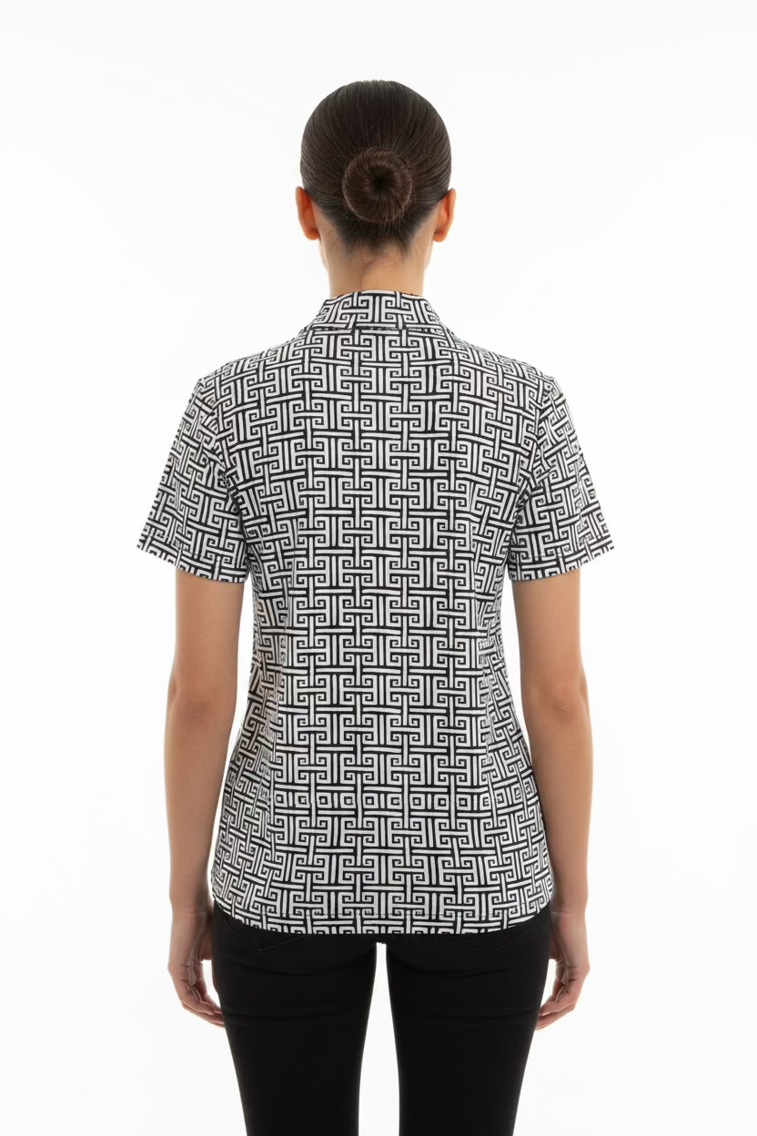 IBKUL Womens Candice Geo Key Short Sleeve Mock - Black/White