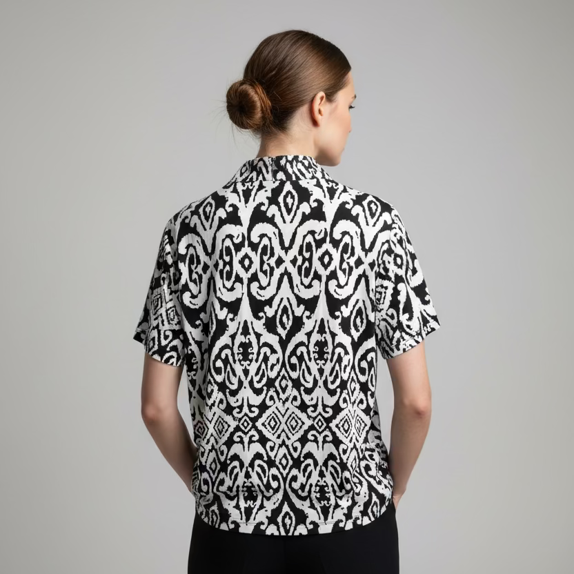 IBKUL Cosmic Swirl Short Sleeve Zip Polo Top - Black/White