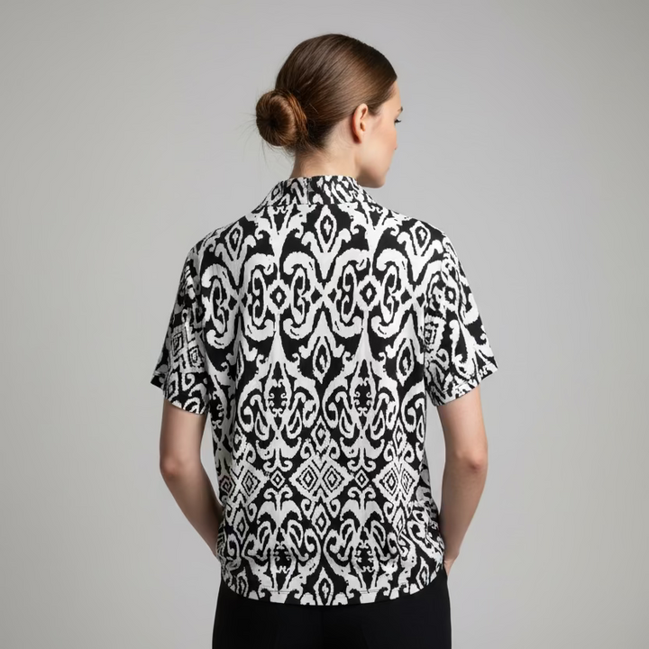 IBKUL Cosmic Swirl Short Sleeve Zip Polo Top - Black/White