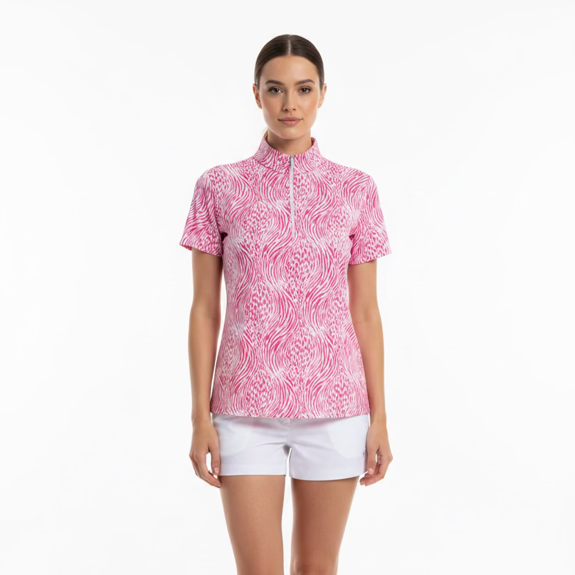 IBKUL Womens Susie Short Sleeve Zip Mock - Watermelon Zebra