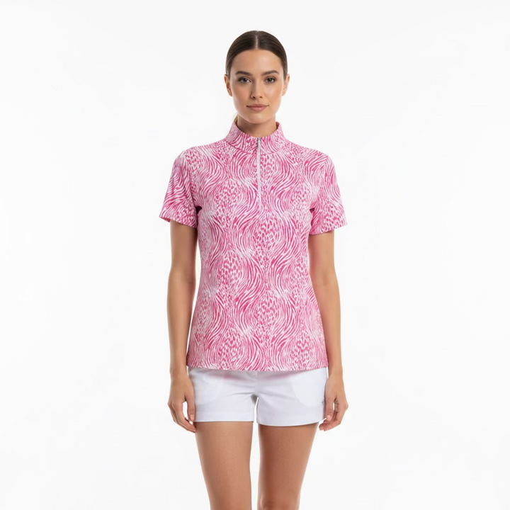 IBKUL Womens Susie Short Sleeve Zip Mock - Watermelon Zebra