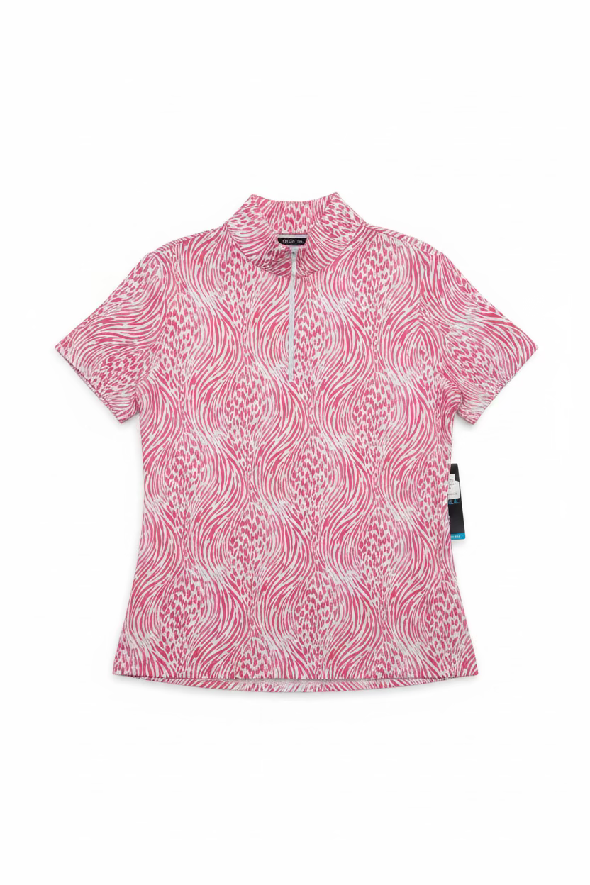 IBKUL Womens Susie Short Sleeve Zip Mock - Watermelon Zebra