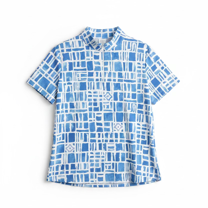 IBKUL Womens Samantha Short Sleeve Zip Mock - Blue/White