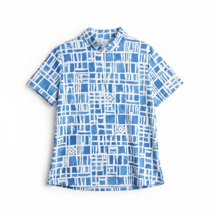IBKUL Womens Samantha Short Sleeve Zip Mock - Blue/White